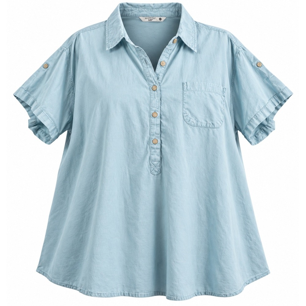 Riders by Lee Womens 4X Blue Short Sleeve Roll Tab Button Up Tunic Top